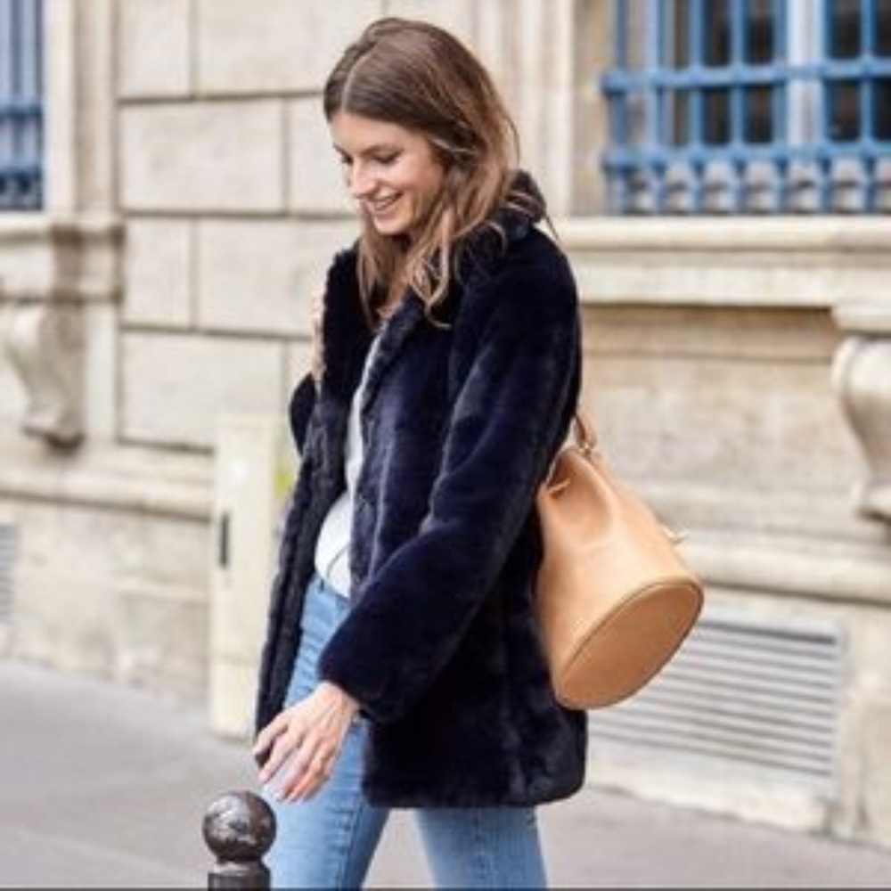Sezane Isee Navy blue faux fur coat jacket